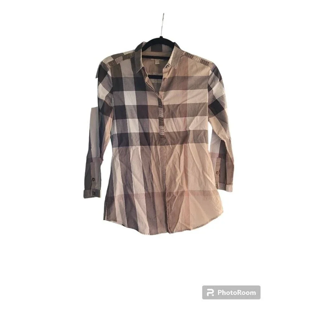Burberry Brit Nova Check Womens Button Front Shirt Brown Plaid Long Sleeve Cuff
